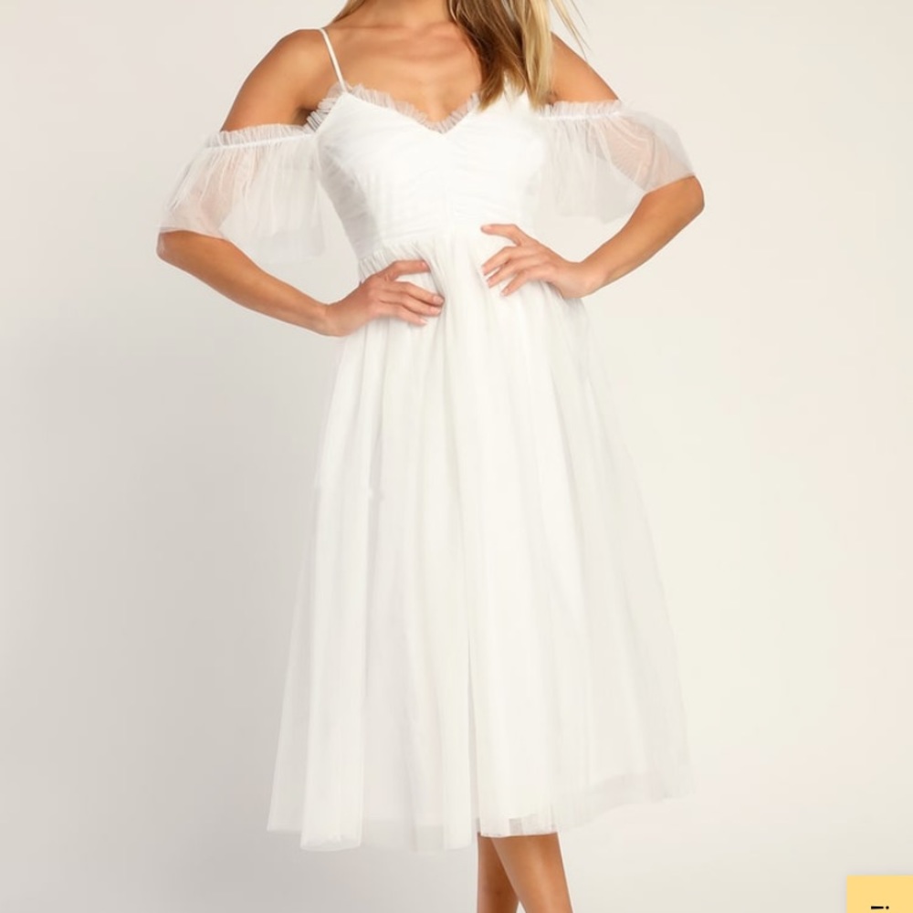 Lulus Always an Angel White Tulle Cold Shoulder Midi Dress
